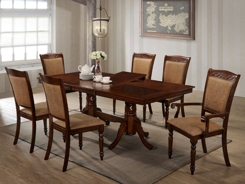 6 SEATER DARK OAK WOOD DINING TABLE SET DESIGNER HOLES WITH EXTENDABLE ARM