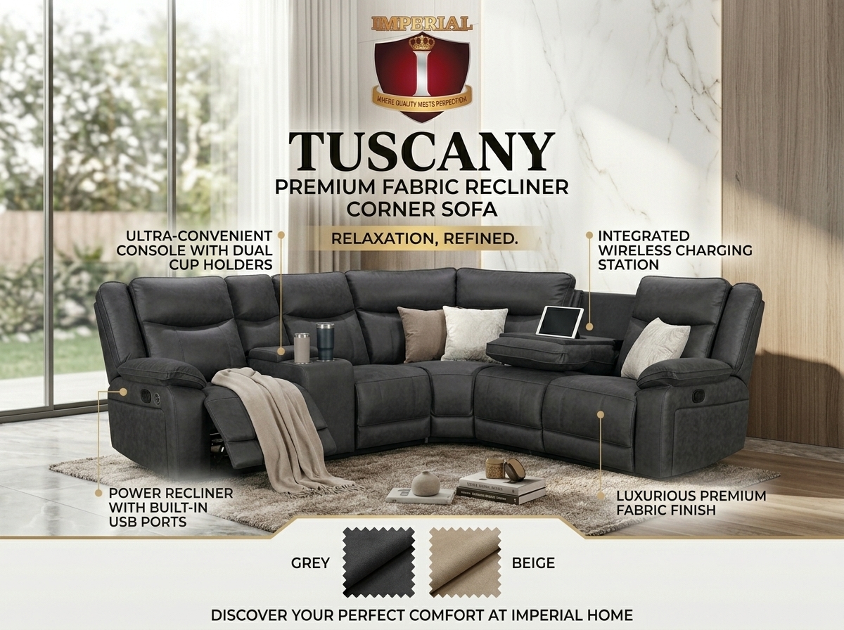 Tuscany Dark Grey  Premium Fabric Recliner Corner Sofa