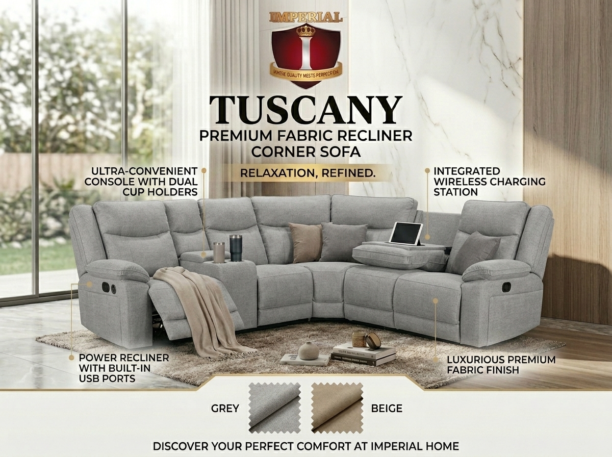Tuscany Light Grey Premium Fabric Recliner Corner Sofa